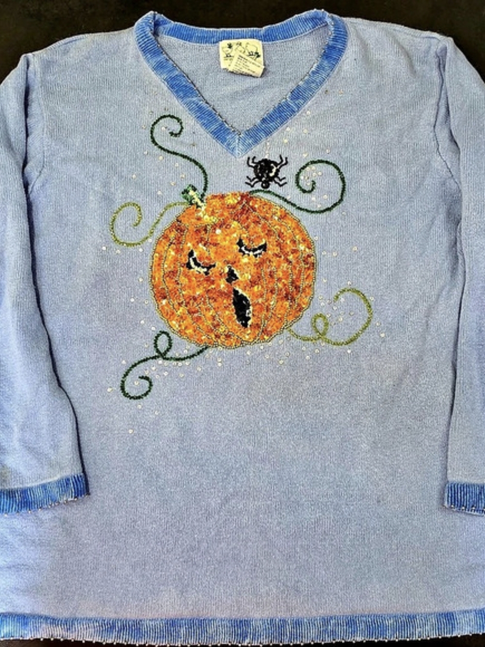 The Quacker Factory Halloween Pumpkin Spider Sequin V-Neck Sweater Blue 2X Vntg